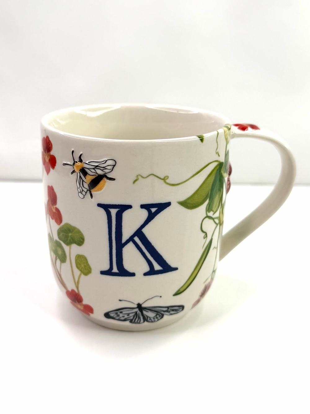 Anthropologie White Monarch Monogram K Floral Ceramic Mug